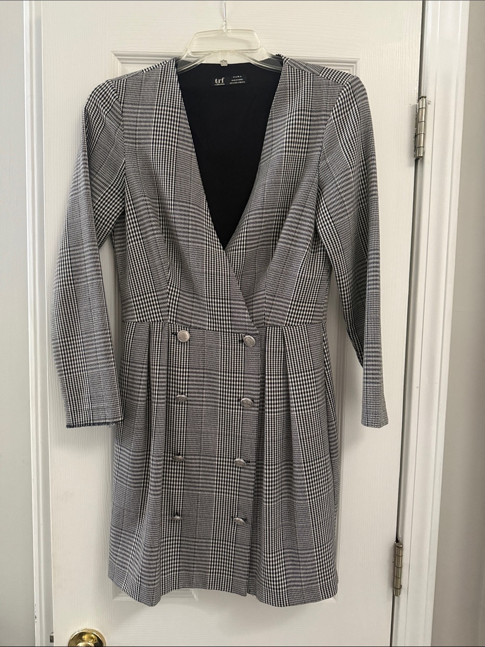 Zara Gray Plaid Double-Breasted Long-Sleeve Dress
